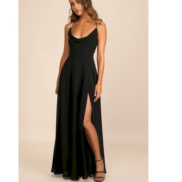 Lulus Romantically Speaking Black Cowl Lace-Up Maxi Dress Size Large - Picture 5 of 11